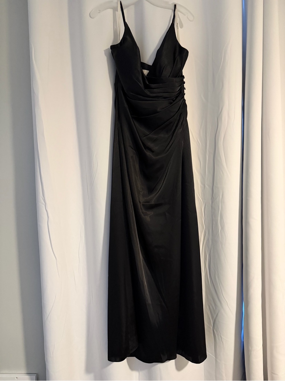David's Bridal Black Satin Maxi Dress with Draped Bodice
